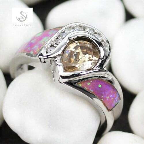 SHUNXUNZE vintage Noble Women wedding rings career Champagne Cubic Zirconia with Pink opal (purple) Rhodium Plated R350 size 6 9