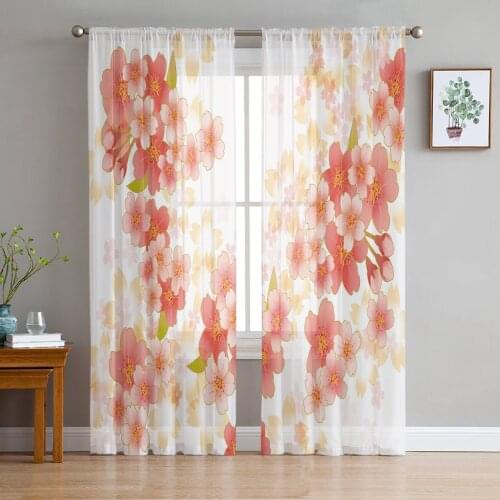 Japanese Flower Sakura Illustration Tulle Sheer Window Curtains for Living Room Kitchen Children Bedroom Voile Hanging Curtain