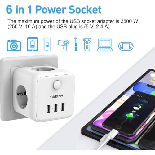 TESSAN Power Strip Plug Extension Socket Power Cube with 3 USB Ports 3 AC Outlets Eu Plug Socket with Wall Adapter 110-250V