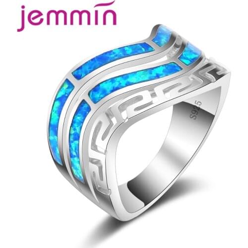 Vintage 925 Sterling Silver Jewelry Wave Blue Opal Rings for Women Wholesale Fashion Jewelry Party Ring for Lady Wedding