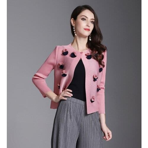 Miyake pleated Tops 3D Appliques blouses winter long sleeve button shirt women floral temperament pink indie aesthetic clothes