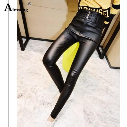 Women Fashion High Waist PU Leather Trousers Zipper Skinny Pencil Pants Girls Button DULL Faux Leather Spring Winter Pants