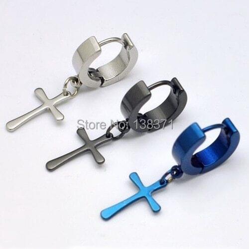 15mm Cross Dangle titanium steel Punk Men ear Drop Earrings free shipping 5 Colors Cirle Simple ear buckle