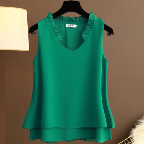 2020 Korean Style Chiffon Blouse Women Summer Sleeveless Casual Tops Vintage V-neck Woman Blouses Shirts Plus Size NS4553