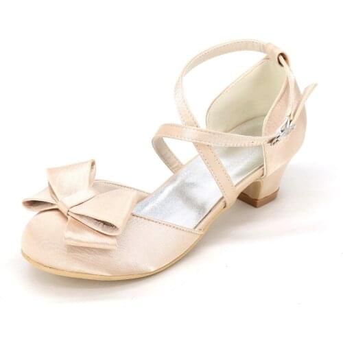 Cross strap girls satin low square heel flower girl wedding dress shoes rounded toe prom quinceanera sweet bow birthday heels
