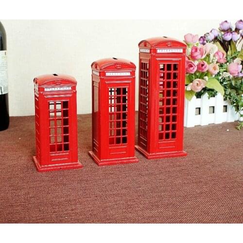 Desktop Furnishing Articles European London Iron Vintage Spray Paint Red Telephone Booth Model Well Children Savings Cans
