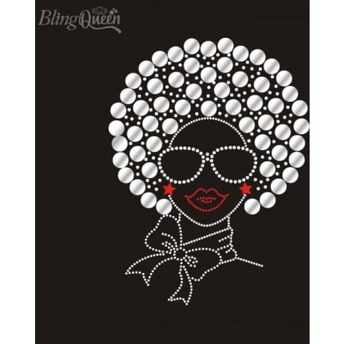 BlingQueen 25PCS/LOT Korean Hotfix Rhinestone Heat Transfers Iron On Rhinestone Motifs Afro Lady Design