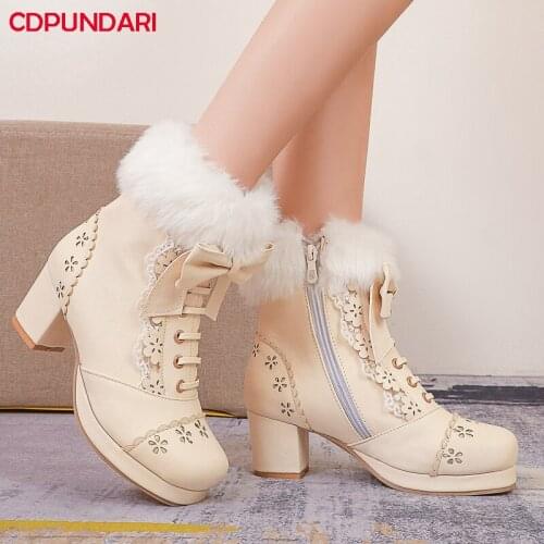 Lolita Shoes Platform Ankle Boots For Women Autumn Winter Med Heels Punk Short Boots Ladies Bottes Plateforme Femme Black Pink