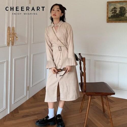 CHEERART Corduroy Long Sleeve Winter Dress Women Flare Sleeve Tunic A Line Long Ladies Midi Dress With Belt Korean Fashion 2020