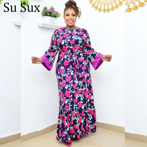 Flower Print Flare Sleeve African Dresses For Women Robe African Clothes O Neck Long Sleeve Maxi Dress Vestidos 2021 Spring