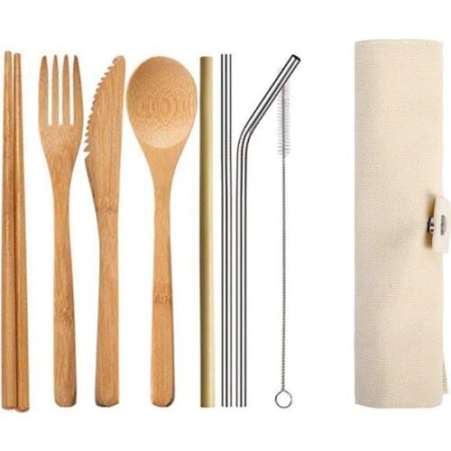 Wooden Spoon Fork Knife Tableware Set Bamboo Cutlery Dinnerware Set Wood Straw with Travel Cloth Bag Chopsticks Wood Tools