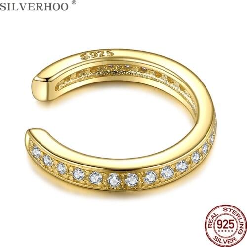 SILVERHOO Clip Earrings For Women 925 Sterling Silver Shining Cubic Zirconia Golden Small Earrings Fine Jewelry Engagement Gift