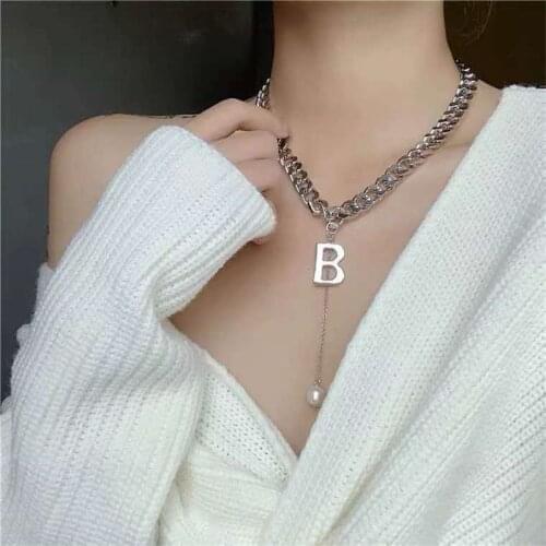 HANGZHI 2021 NEW Trendy soil cool hip hop hiphop Cuban necklace English letter B word pearl pendant neck chain