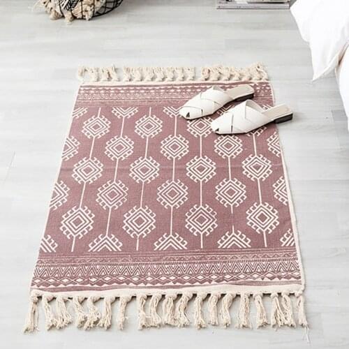 Cotton Linen Floor Mat With Tassel Ethnic Style Retro Bohemian Floor Mat Non-Slip Geometric Area Rugs Bedside Prayer Bedroom
