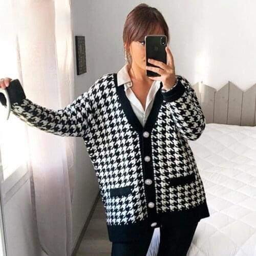 Knitted Cardigan Women V Neck Houndstooth Cardigan Autumn Winter Oversized Sweater Cardigans Loose Jumper Rebecas De Mujer