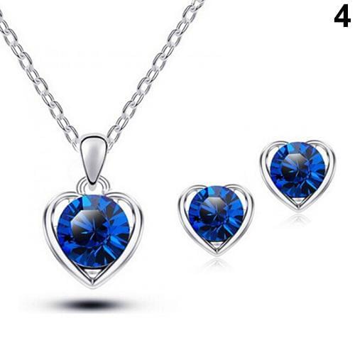 Womens Fashion Jewelry Heart Crystal Pendant Necklace Ear Studs Earrings Set parure bijoux femme mariage