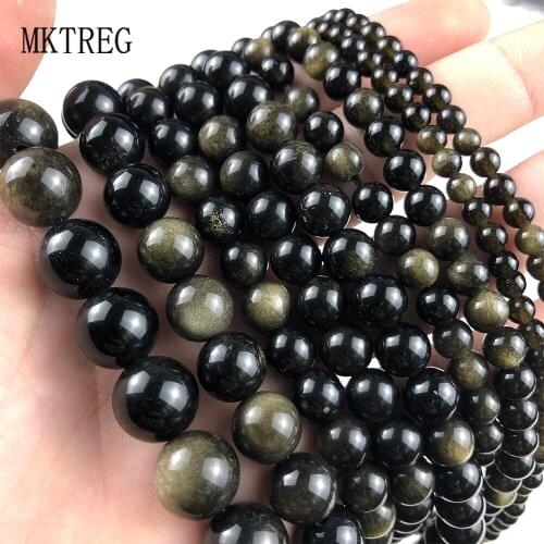 MKTREG Natural Gold Obsidian Round Loose Stone Beads For Jewelry Making DIY Bracelets Necklace Accessories 15"4/6/8/10/12mm Ball