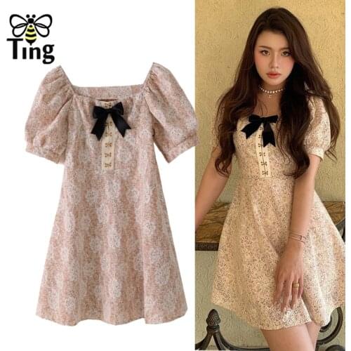 Tingfly Summer Sweet Girl Floral Casual A Line Mini Dress Streetwear Bow Decor Retro Square Collar Teen Dresses Basic Vestidos