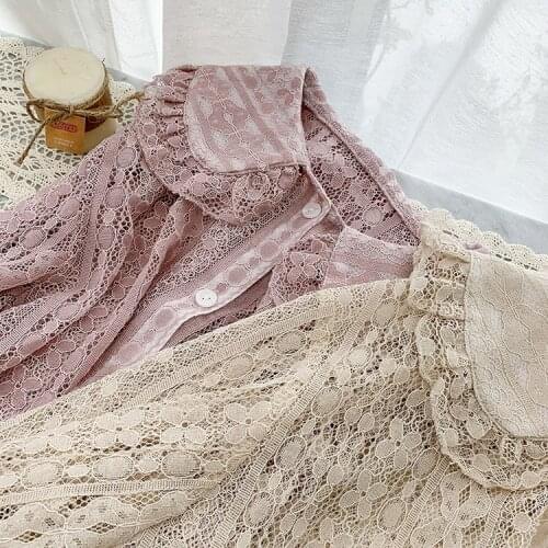 2019 Summer Cute Womens Lolita Lace Shirt Long Sleeve Peter Pan Collar Blouse Hollow Out Tops Girls Underwear Shirt