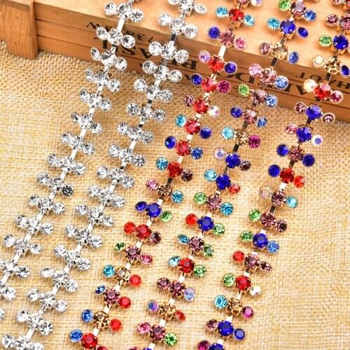 1 yard/lot Glass Rhinestone Trim Gold Tone Base Claw Chains Sew on Clothes Shoes Hats Decoration
