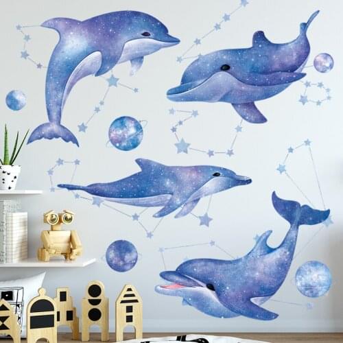 Cute Dolphin Wall Stickers for Kids Room Decoration PVC Dream Universe Blue Planets Waterproof Bathroom Decor Removable Decals