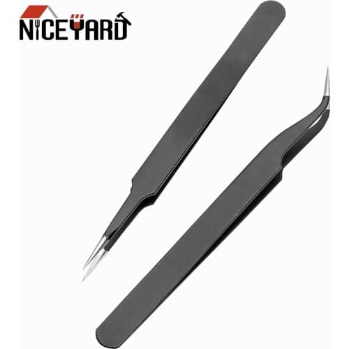 NICEYARD Forceps Stainless Steel Black Precision Tweezer Curved Straight Tip ESD-14 ESD-15 Anti-static