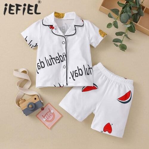 Newborn Kids Boys Girls Pajama Sets Cartoon Casual Short Sleeve Button Down Tops Pants Sleepwear Toddler Summer Sleeping Clothes