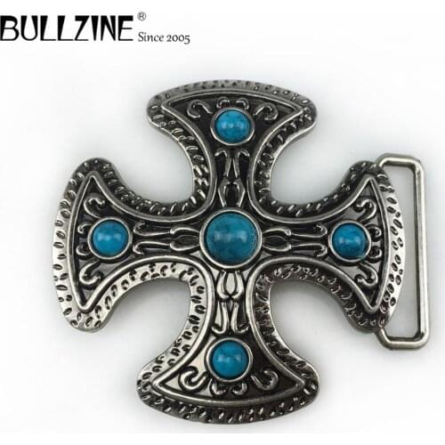 Bullzine wholesale retro Cross belt buckle turquoise stones cowboy jeans gift belt buckle antique silver finish 03259 for men