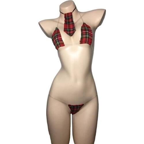Sexy School Girl Bikini Costume Lingerie Plaid Invisible Strap Bra Top G-String and Tie Set Role Play Hen Party Uniform