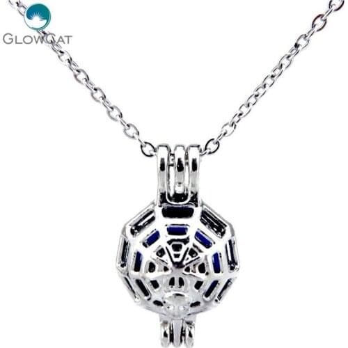K222 Silver Locket Necklace Round Web Face Stone Beads Cage Stainless Chain Aroma Essential Oil Diffuser Locket