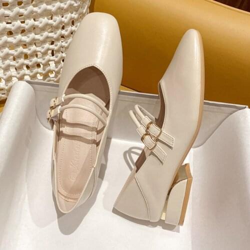 2021 New Mary Janes Shoes Women Pumps Temperament Wild Comfort Low Heels Women Shoes Fashion Double Buckle Casual Dress Shoe