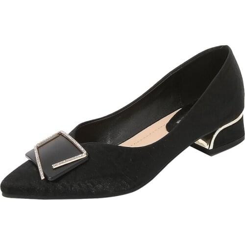 Womens Single Shoes Fall 2021 New Pointed Thick Heel Shallow Mouth Metal Buckle Rhinestone Decorative Shoes Professional Shoes