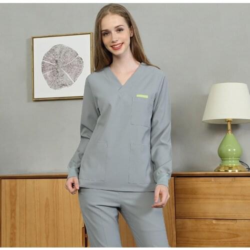Gray Scrub Uniform Women Men Nursing Workwear Scrubs Set Anti-static Top and Pant V Neck Working Suits Solid Color 301-21
