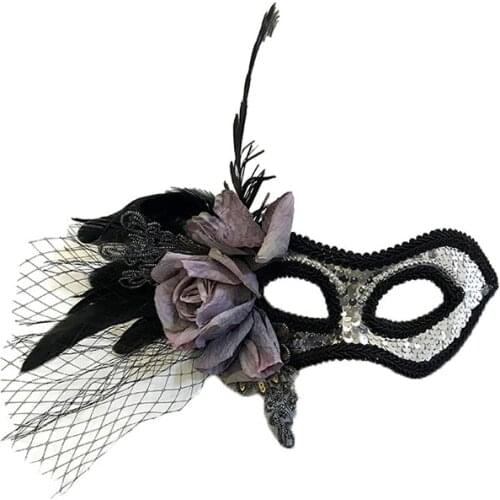 Handmade Vintage Sequin Paillette Eye-Mask Venetian Masquerade Floral Feathers Gothic Party Half Face Mask