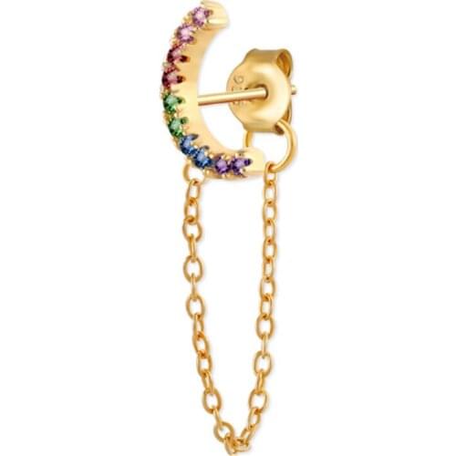 Rainbow S925 Sterling Silver Chain Link Earring Cubic Zirconia Rose Crescent Moon Gold Colour Fashion Jewelry For Women