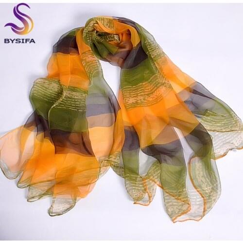 [BYSIFA] Yellow Green Silk Scarf Printed Fashion Accessories Women Thin Long Scarves Wraps Summer Lades Pure Silk Shawl Scarf