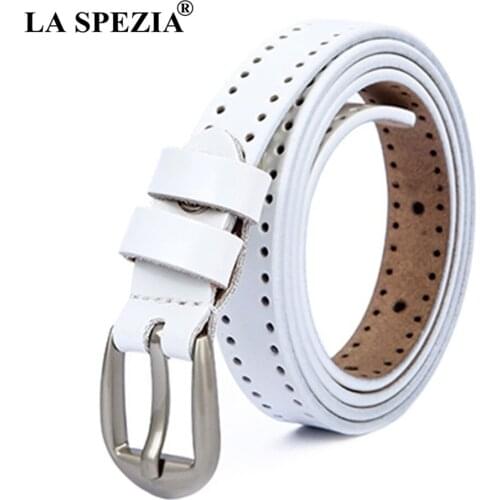 LA SPEZIA Pin Buckle White Belt Women Genuine Leather Women Belt Classic High Quality Cowskin Hollow Out Thin Ladies Belt
