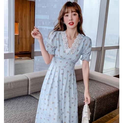 Women Elegant Lace Chiffon Korean Party Dress Vintage Floral Dress Puff Sleeve V Neck Midi Dress Fall Dresses For Women 2021