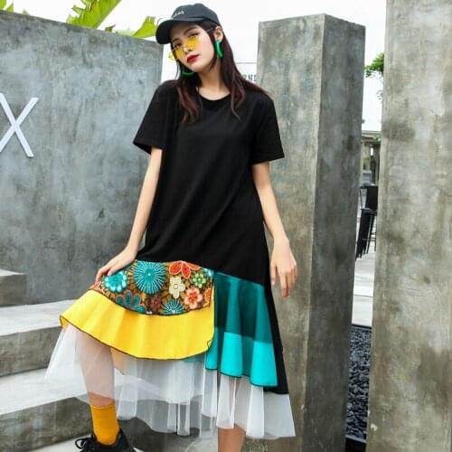 2020 New Summer Dress Women Round Neck Short Sleeve Black Hem Pattern Printed Mesh Temperament Loose Dress Womens Fashion Dreess