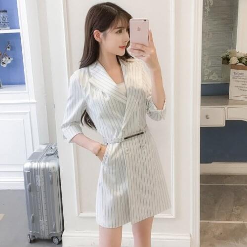 Korean Summer Dress Suit Collar Stripe Midi Dress Vestidos De Festa Office Lady Dresses Woman Party Night Dresses For Women