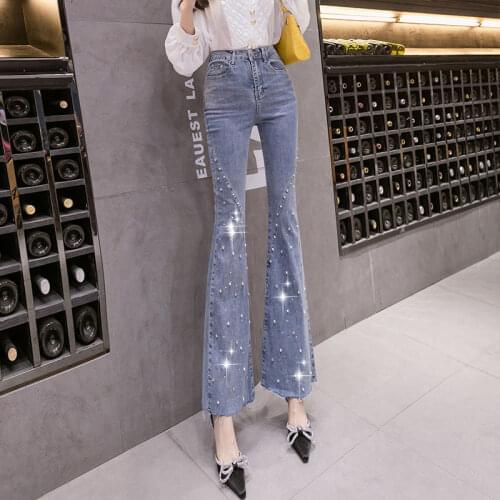 Winter Vintage Flare Pants for Women Stretch High Wasit Denim Long Trousers Wide Leg Casual Fashion Boyfriend Bottom Jeans A53