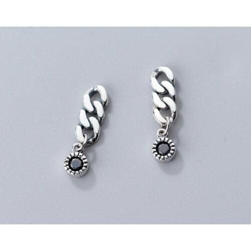 100% Authentic 925 Sterling silver Round Black CZ &Chain Stud Earrings jEWELRY TLE1183