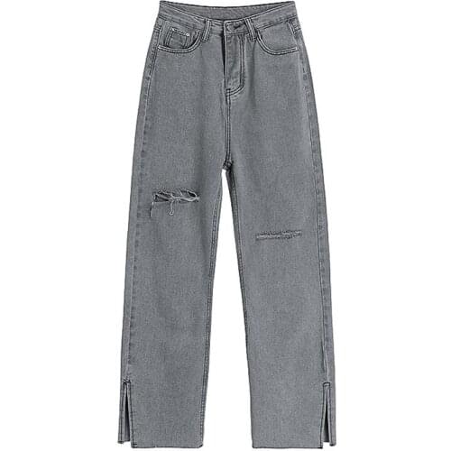 2021High Waist Grey Ripped Denim Pants Streetwear Bagggy Harajuku Wide Leg Jeans Trousers