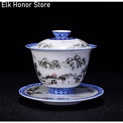 150ml Blue And White Pottery Sancai Gaiwan Master Cups Hand Painted Landscape Tureen Kung Fu Ceramic Gaiwan Tea Cup Teaware