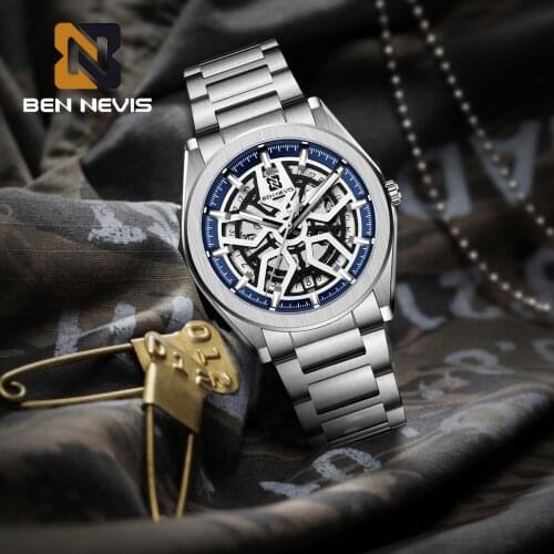 Mens Mechanical Watches Top Brand BENNEVIS Luxury Watches Mens Fashion Stainless Steel Waterproof Hollow Luminous Wristwatches