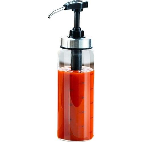 Sauce Pump Dispenser with Glass Bottle Leakproof Kitchen Condiment Dispenser for Honey Ketchup Mustard Mayo