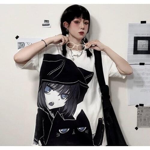 High Street Women Animal Cat Printed Boys Girls Male Summer Girls Dancing White Black T-shirt Kpop Loose Fashion Tee