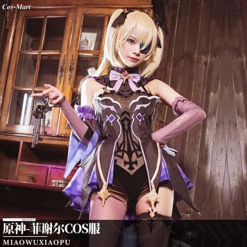 Hot Game Genshin Impact Fischl Cosplay Costume Fashion Purple Combat Uniform Dress Female Black Carnival Role Play Clothing S-XL