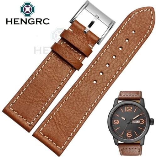 HENGRC Genuine Leather Watch Band Strap 22mm Men Hot Sale Brown Watchband Belt Stainless Steel Metal Needle Buckle