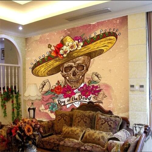 Custom Size Personality Mexican Skull Art Murals 3D Floral Background Skull Self Adhesive Wallpaper Restaurant Snack Bar Decor